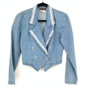 Vintage Cropped Denim Blazer Womens Sz S Lace Trim 90s Structured Jacket